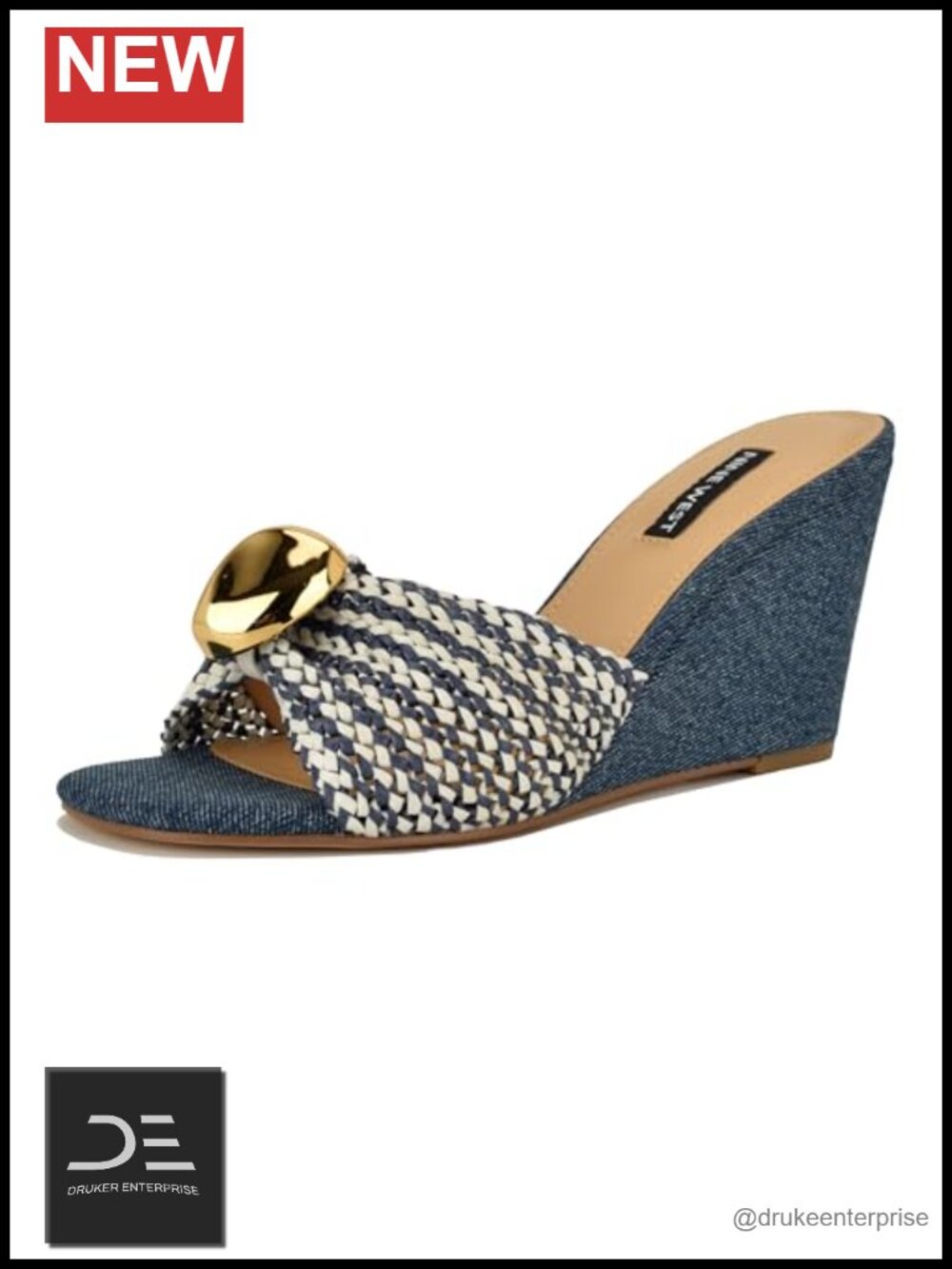 Nine West Nessla Dress Wedge Sandals Slip-On Square Toe PU Upper Platform Heels